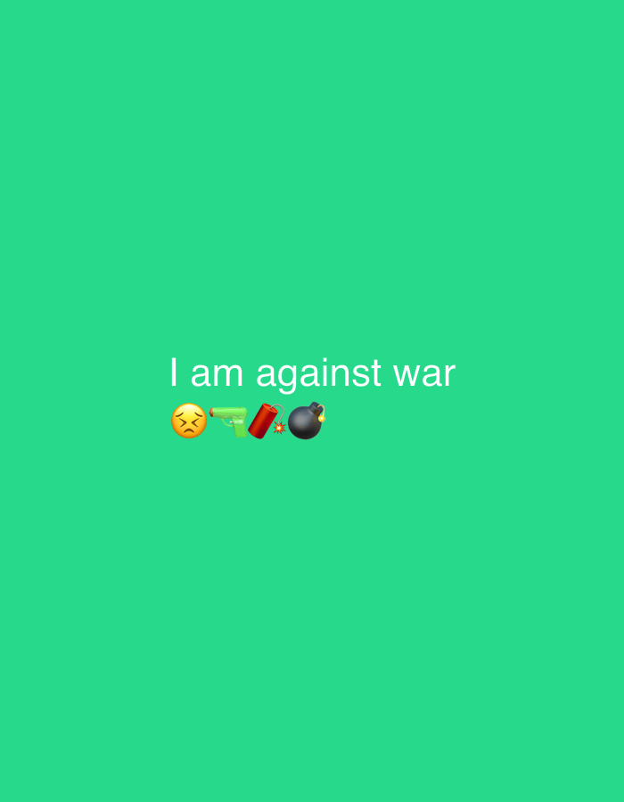 Anti-war message graphic with emoji, teal background, Tashkent