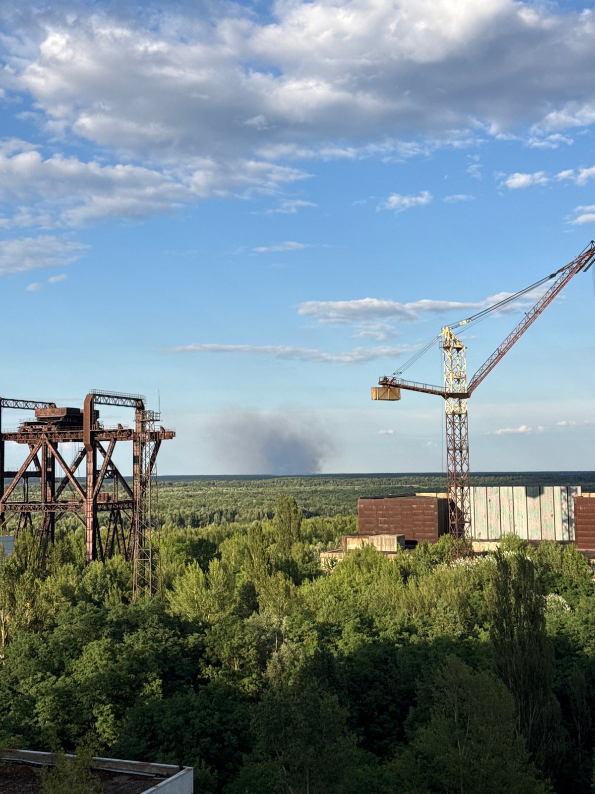 Pryp'yat' industrial skyline viewed from above, mid-summer.