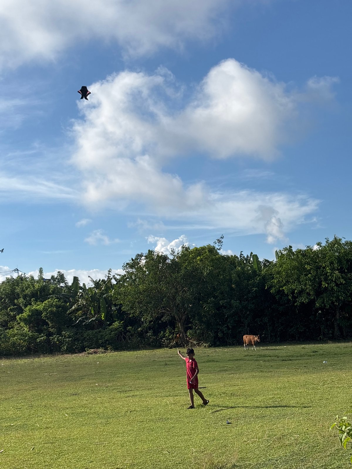Person in red stands in sunny field in Kuta Selatan