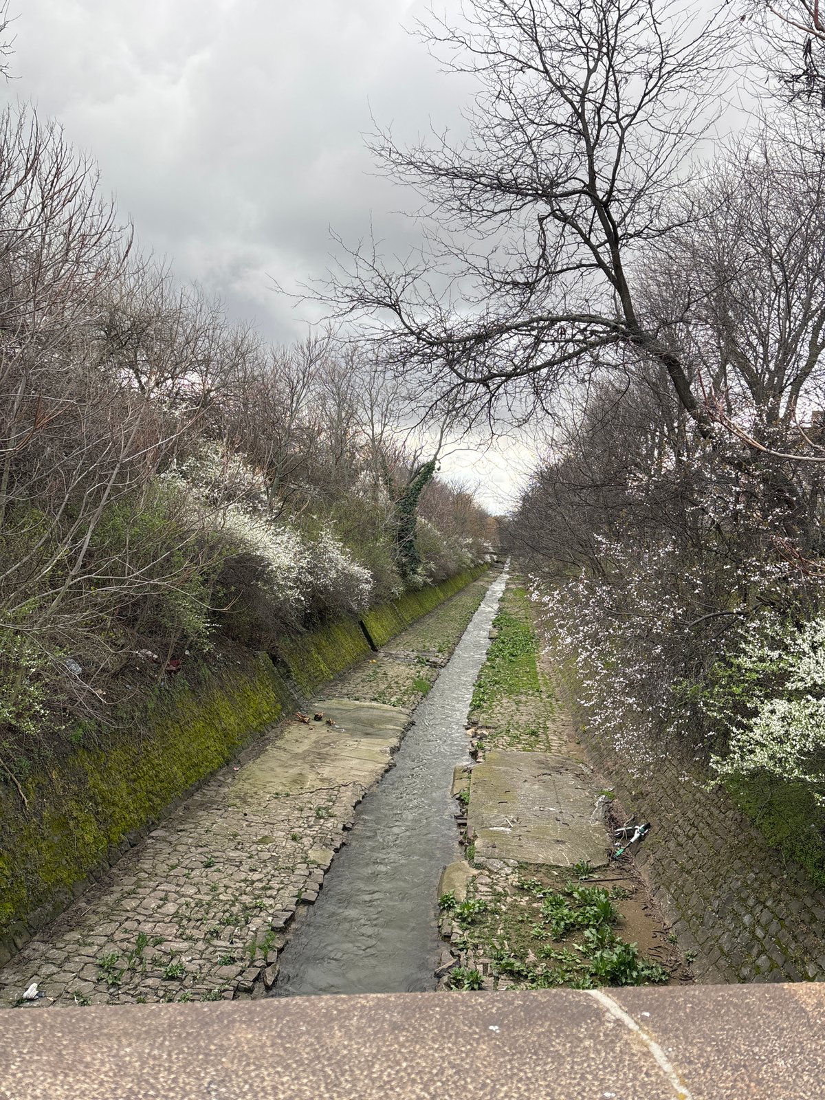 Urban waterway observed from elevated position in Sofia