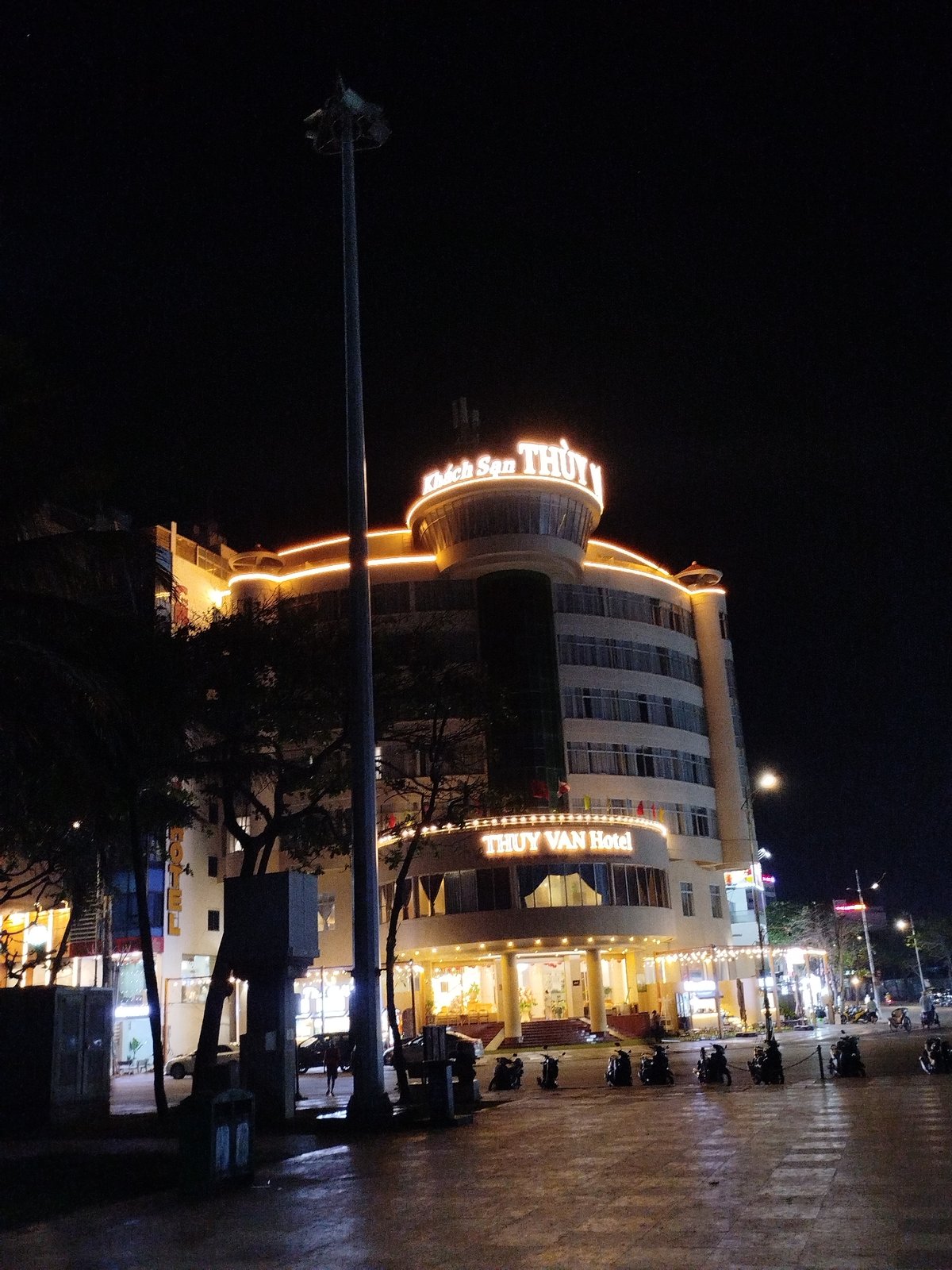 Nighttime whale statue and hotel captured in Vietnam