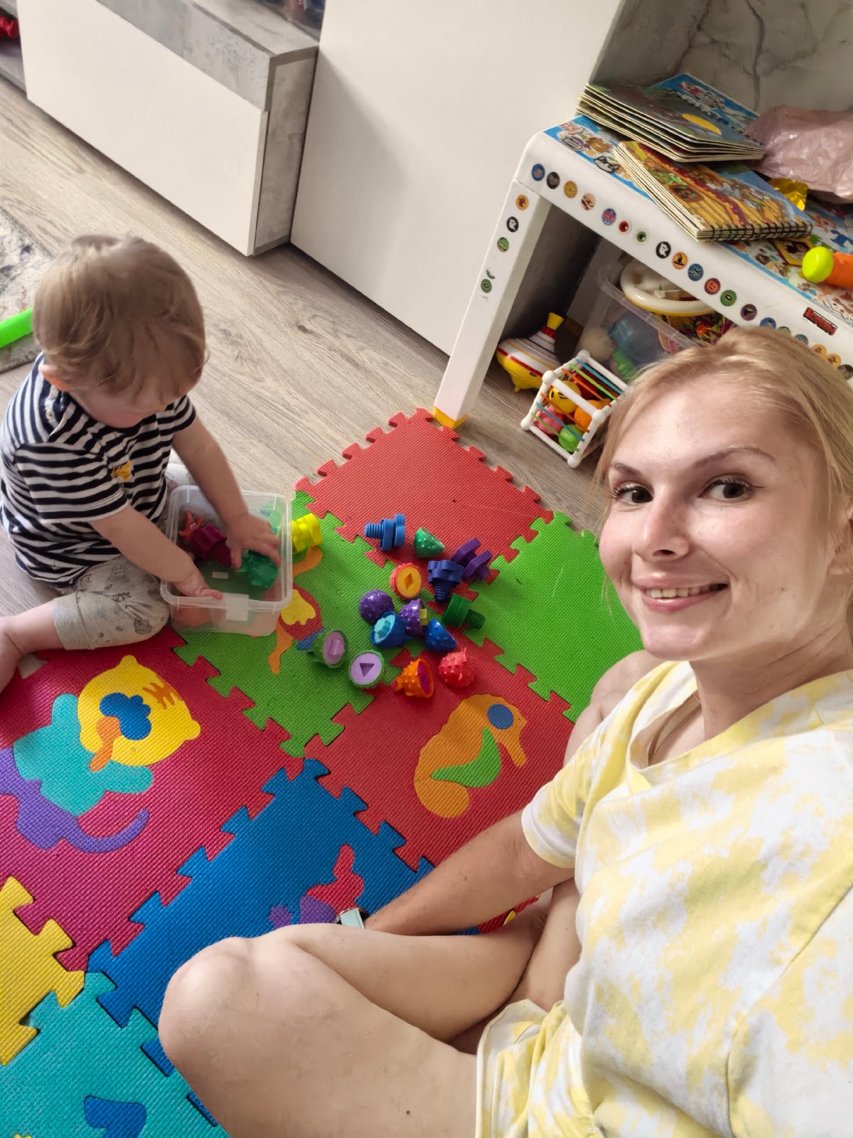 Casual afternoon at home in Sterlitamak with a toddler at play