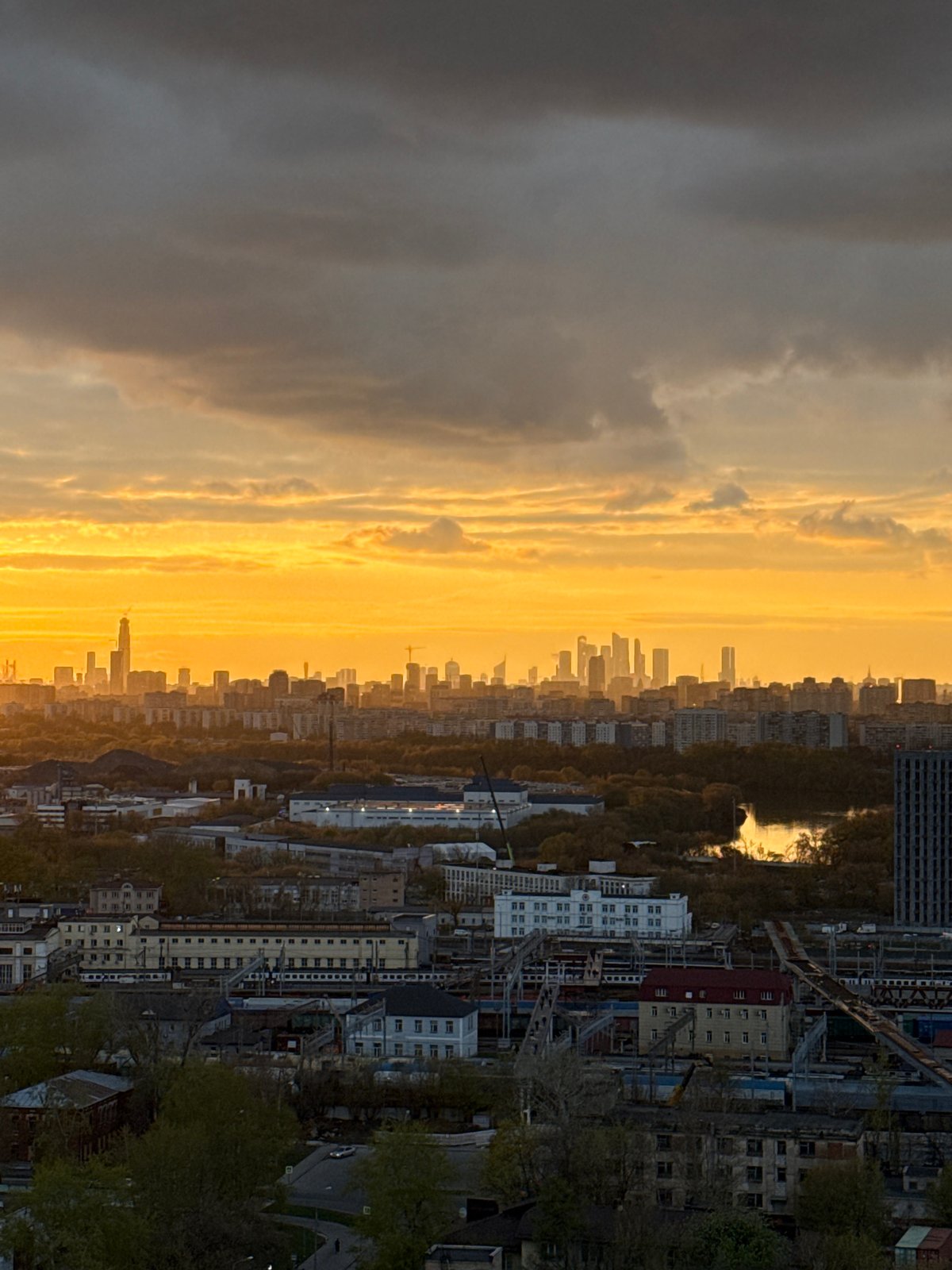 Golden hour cityscape captured in Moscow during sunset