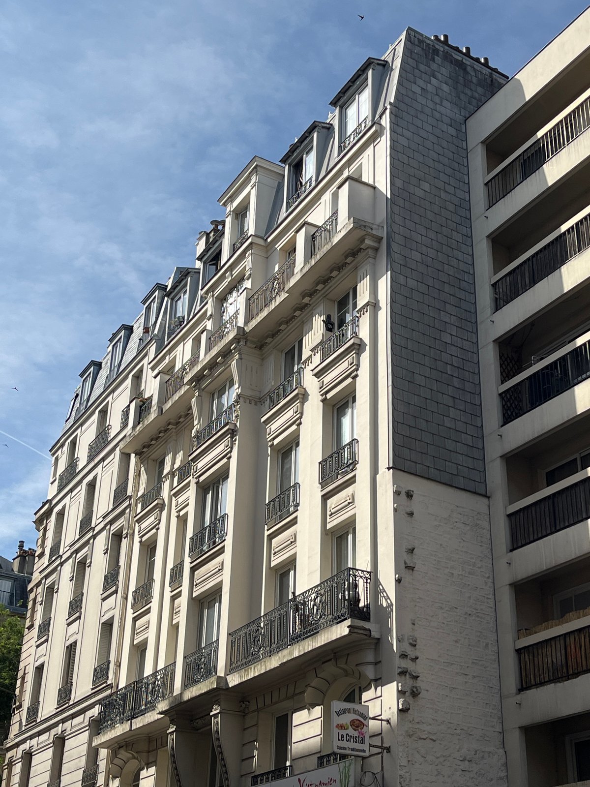 Paris street-level mix of old facades, bold modern block, and pigeons