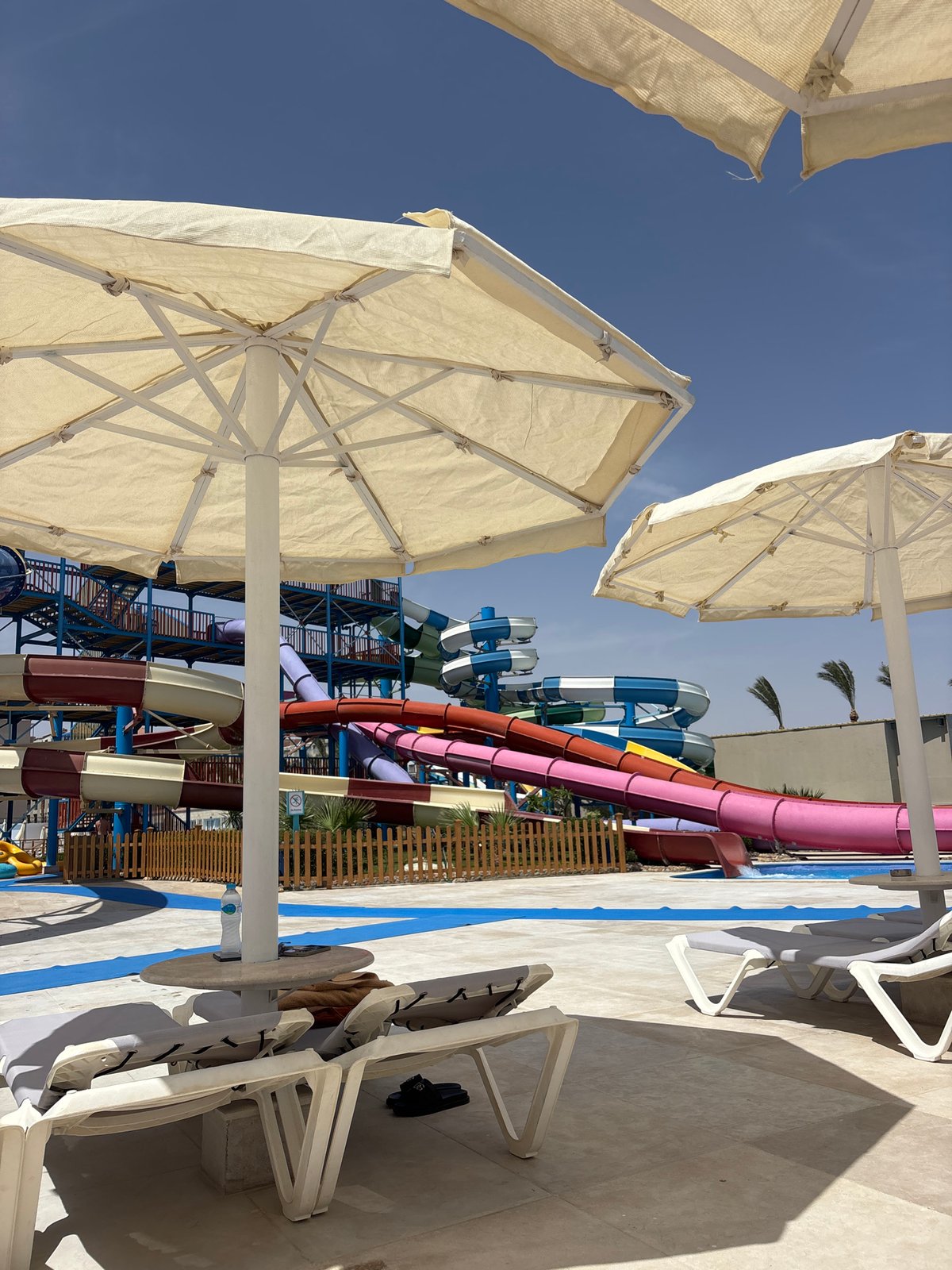 Water park with colorful slides documented in Al Ahia', Egypt