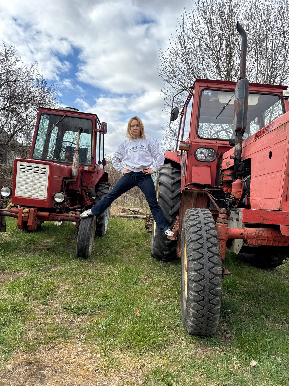 Rural Latvia scene: tractors, dog, bumblebee captured May 1