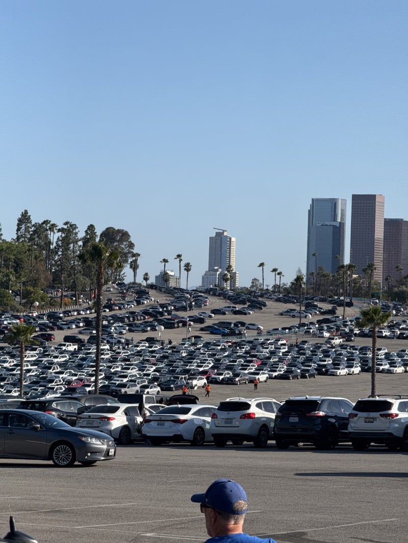 Busy stadium parking lot captured in late-night Los Angeles