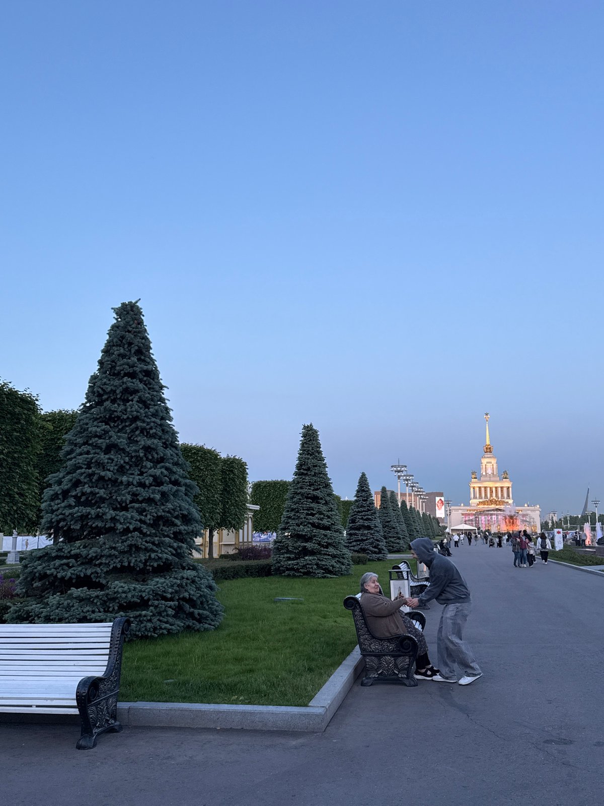 Ornate domed building photographed at twilight in Moscow