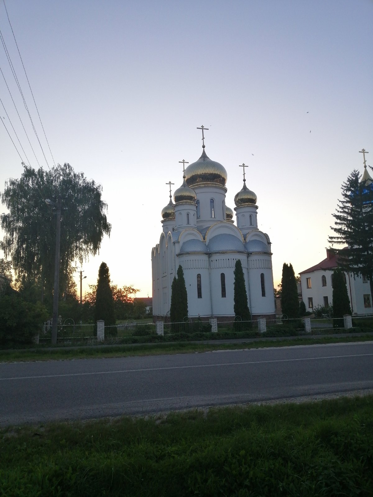 Streets, a golden-domed church, and garden flowers in Lanivtsi