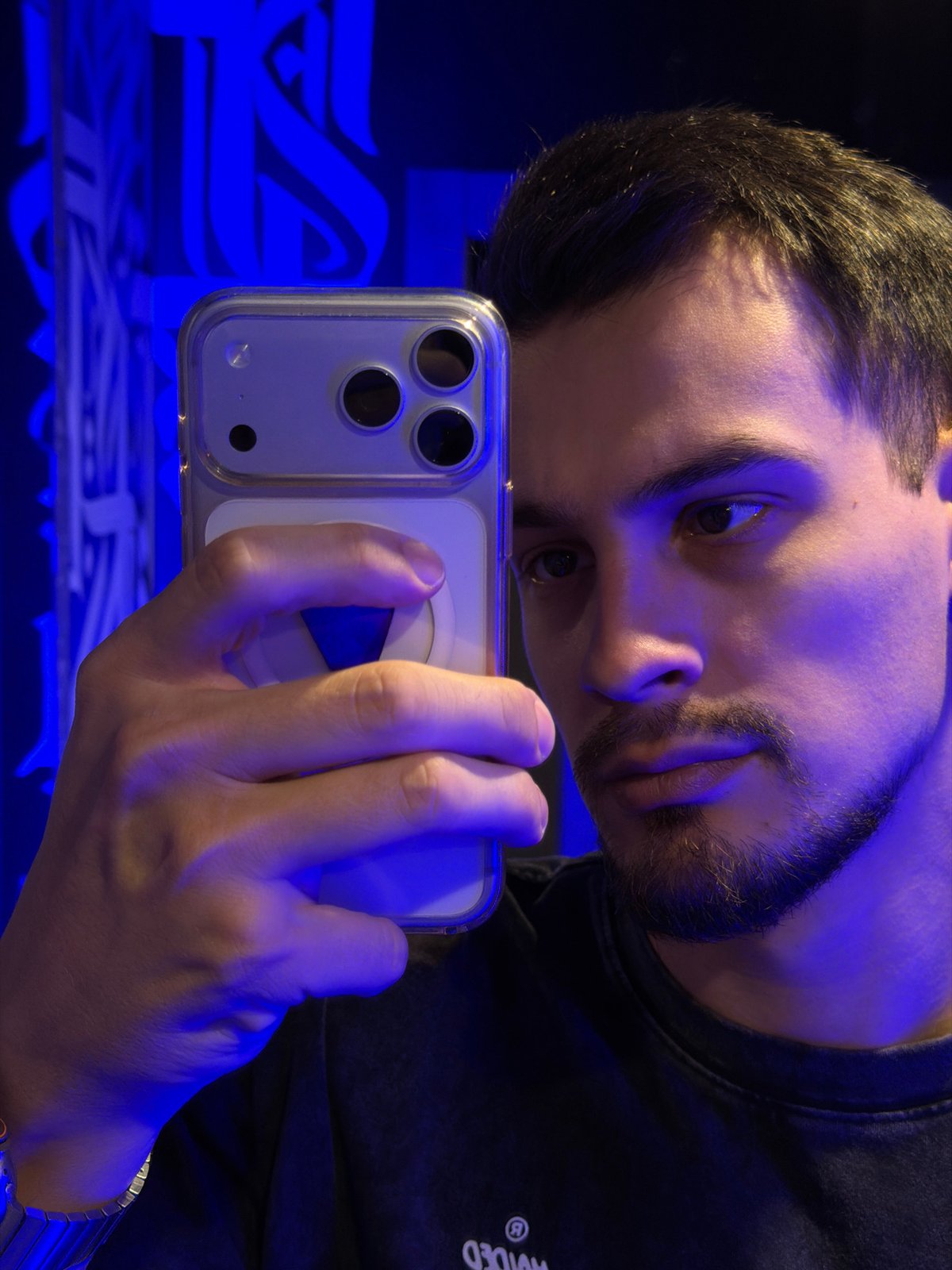 Man takes selfies with iPhone in Krasnoyarsk, Russia