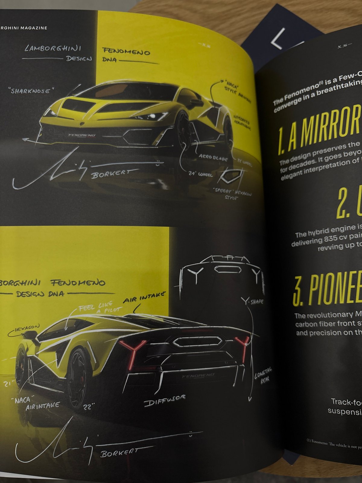Car design sketches and Lamborghini magazines documented in Turin