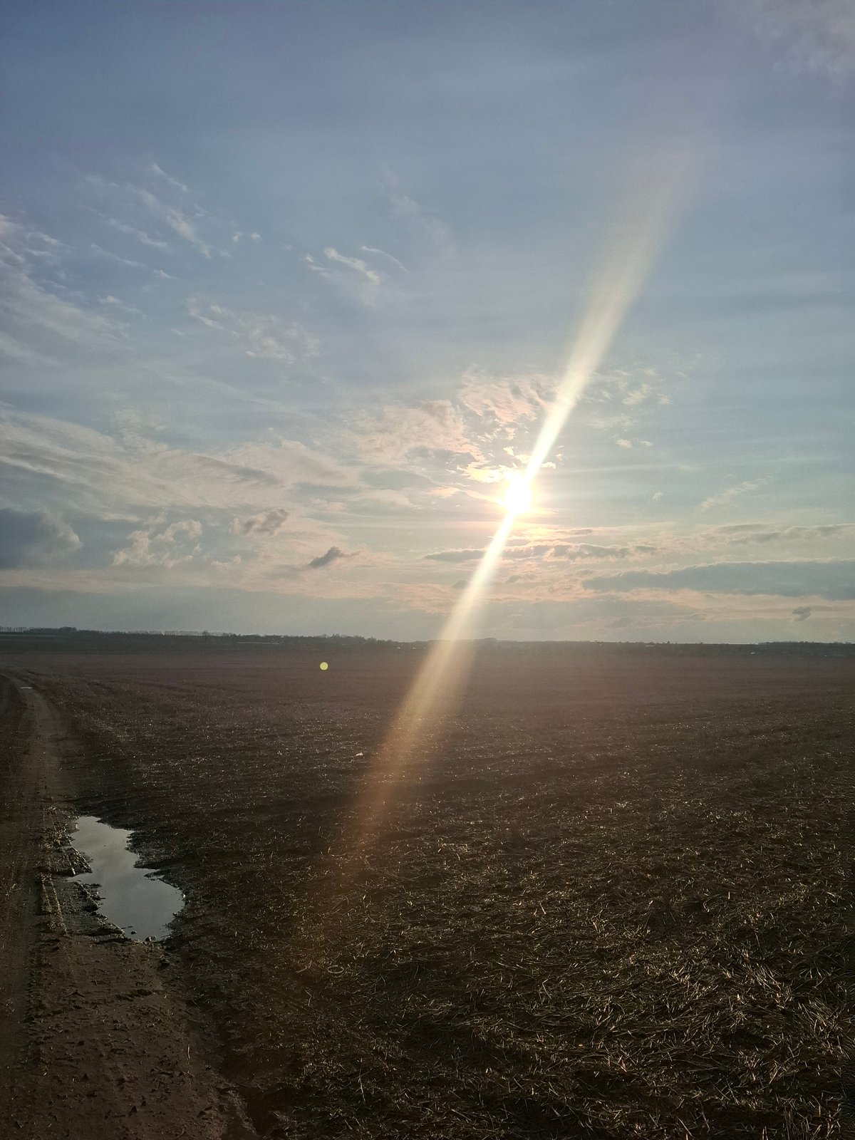 Person in headphones observed in rural Khlevnoye field at sunset