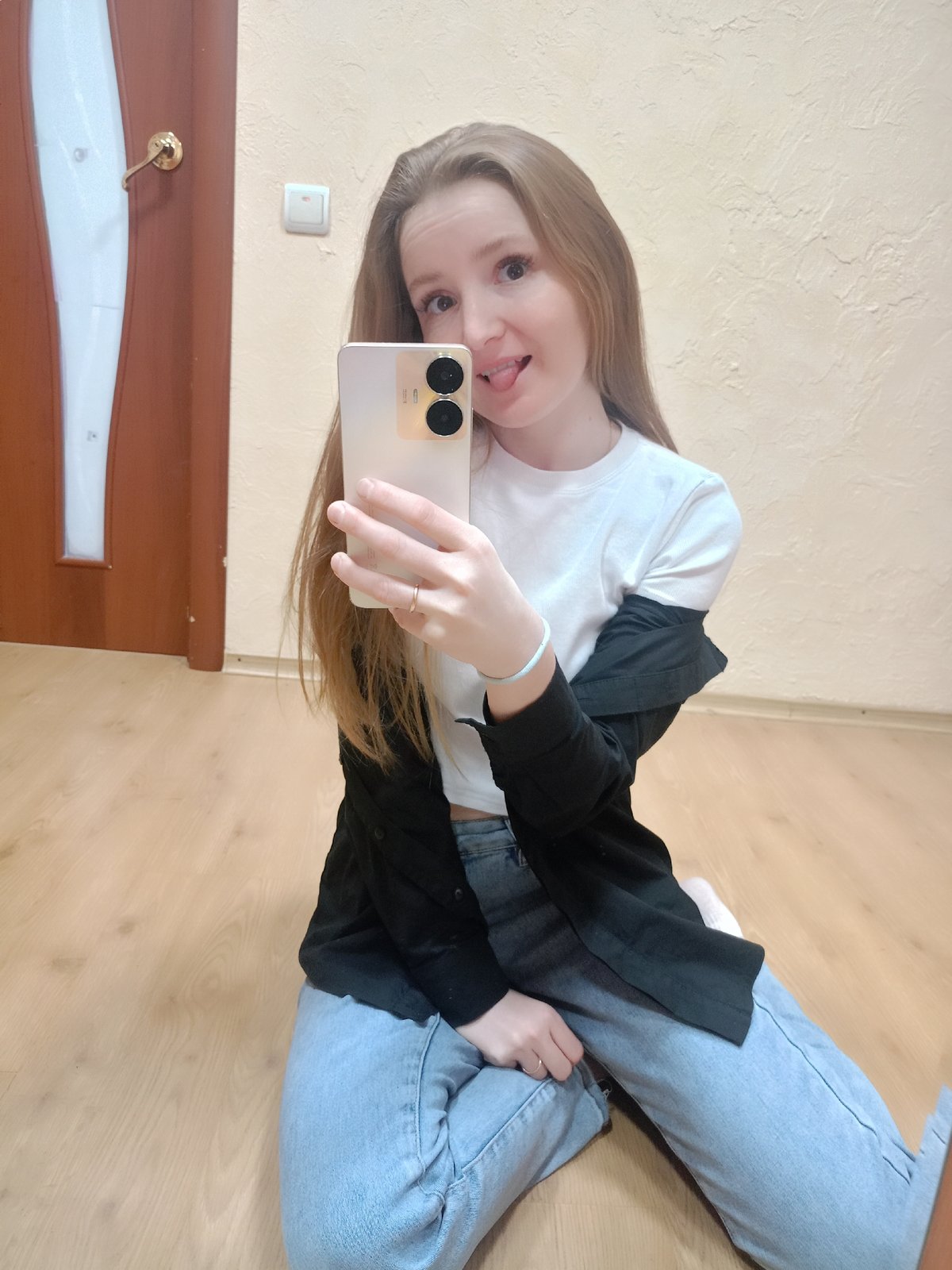 Woman documents morning routine through selfies across multiple locations