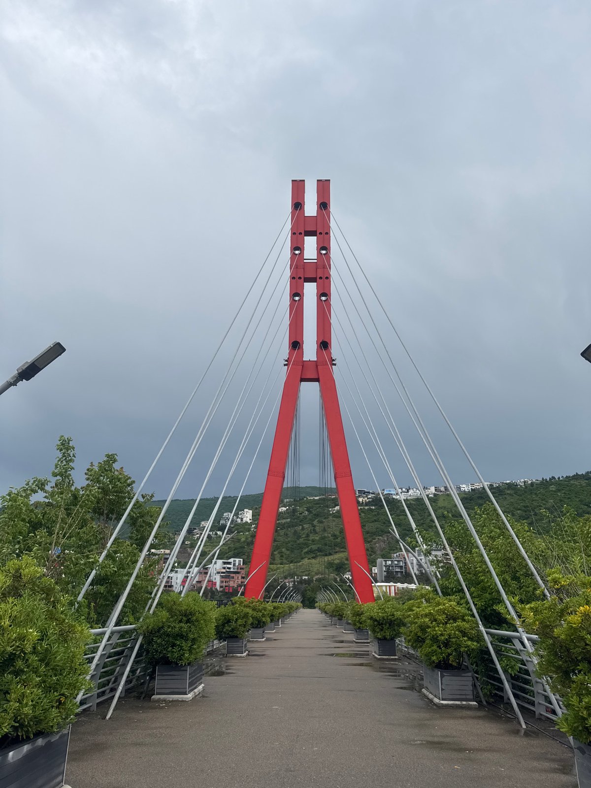 Red suspension bridge observed in Tbilisi under cloudy skies