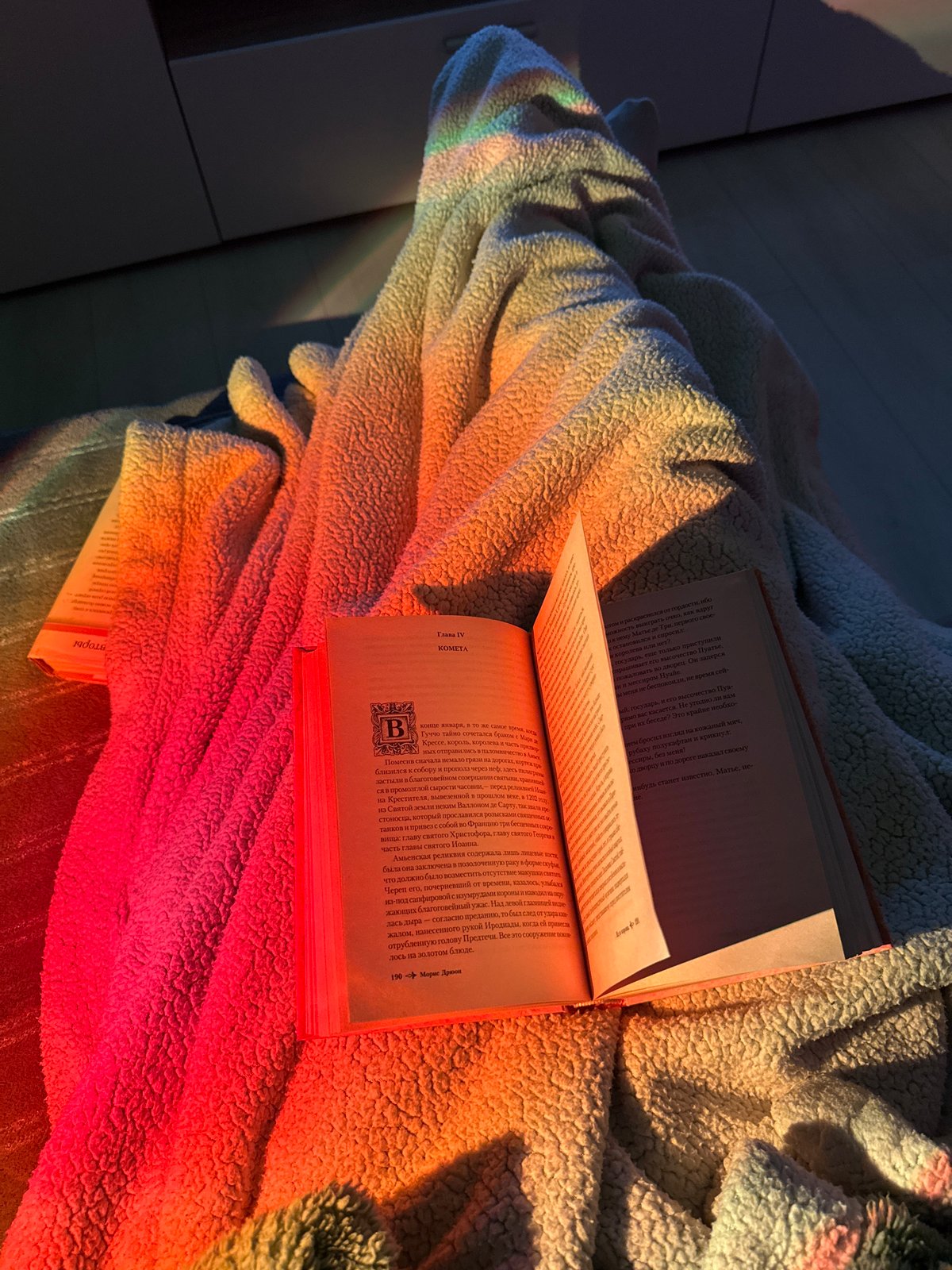 Evening reading session captured under rainbow lighting on blanket