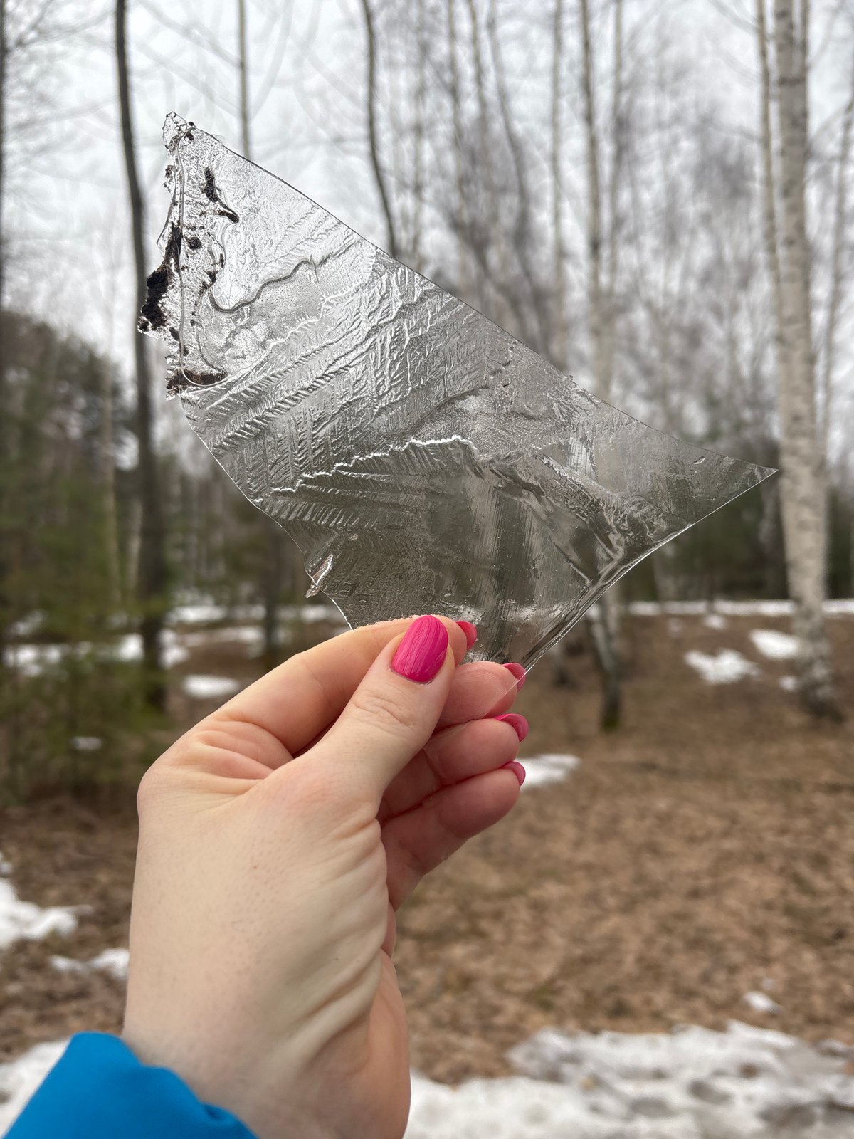 Person documents late winter ice formations in Russian forest