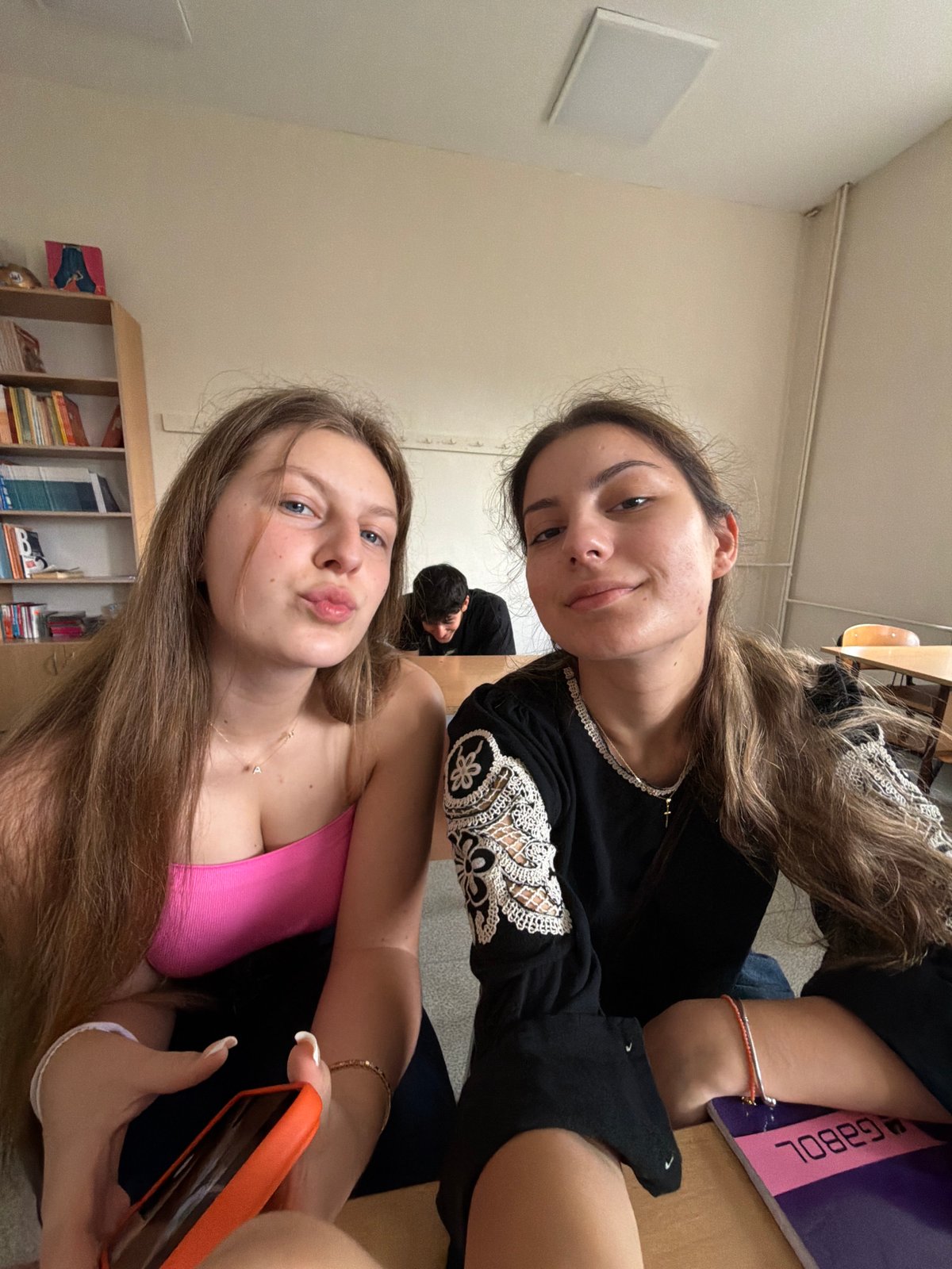 Young women photograph selfies in Burgas classroom