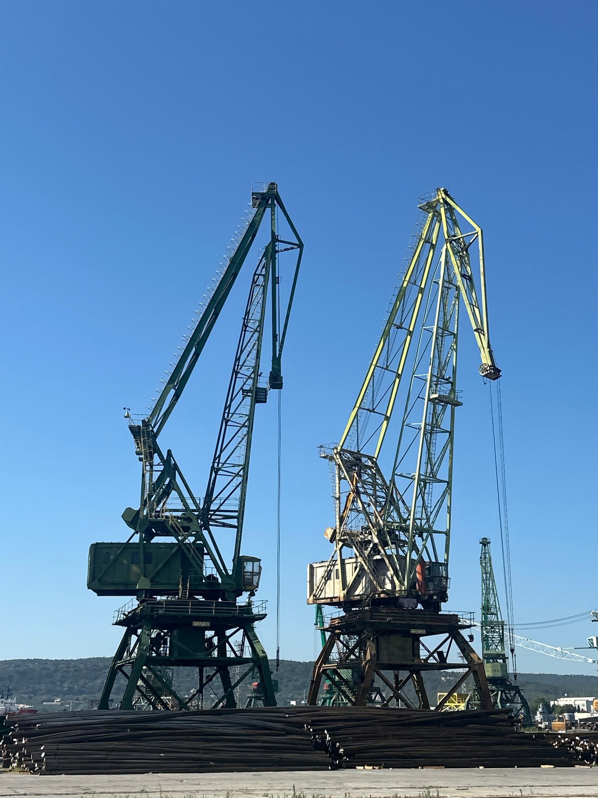 Industrial port cranes and a Ferris wheel share the same skyline