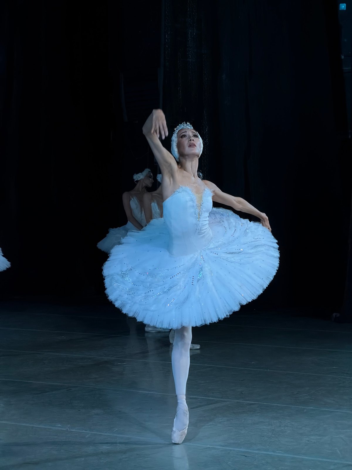 Swan Lake-style ballet performance on a dramatic dark stage in Ufa