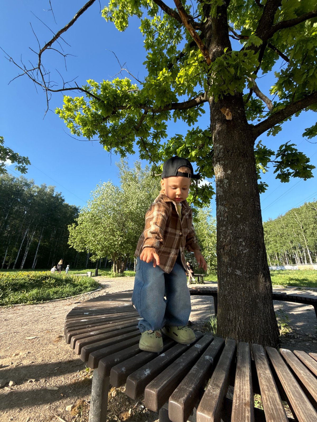 Children play at park bench and path during afternoon