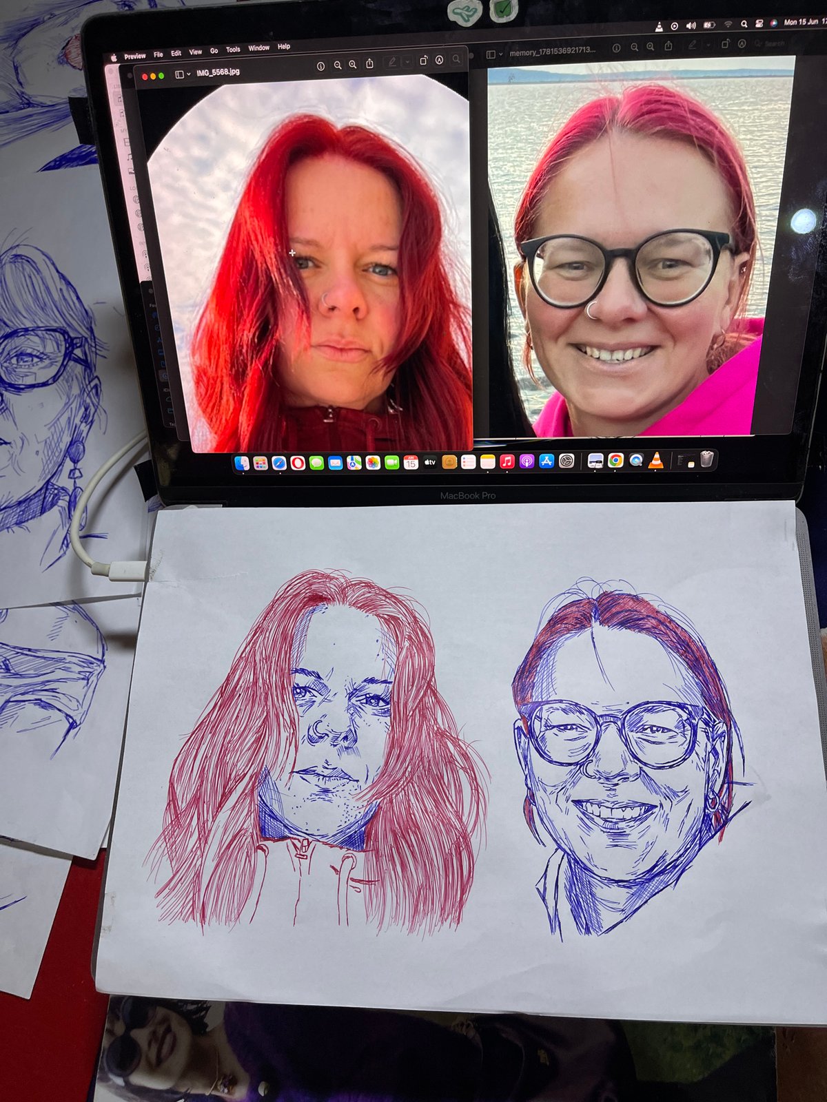Ink portrait session in Jos, drawn from laptop reference photos
