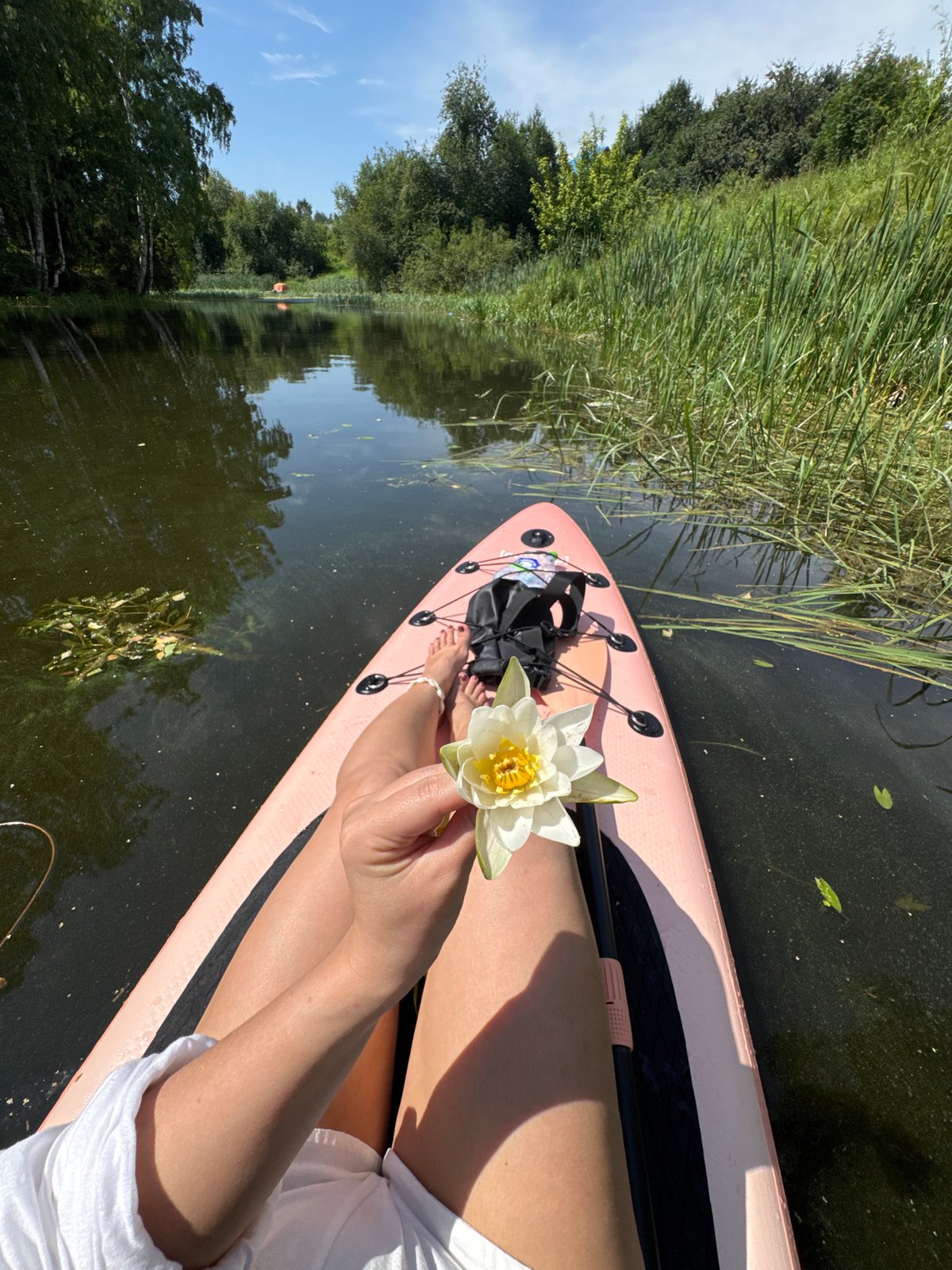 Paddleboarding a quiet, reed-lined river in rural Russia