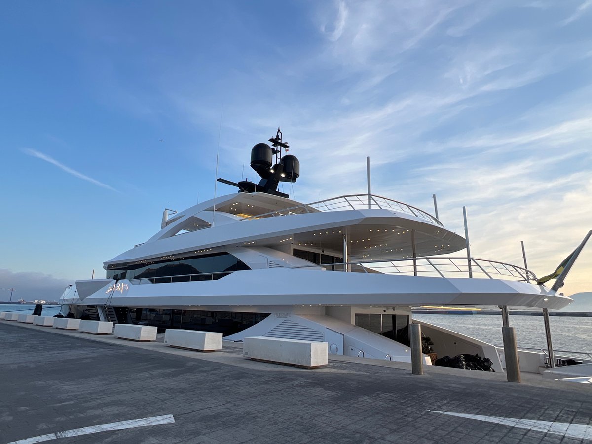 Superyacht Hagrave docked at Gibraltar harbor at sunset