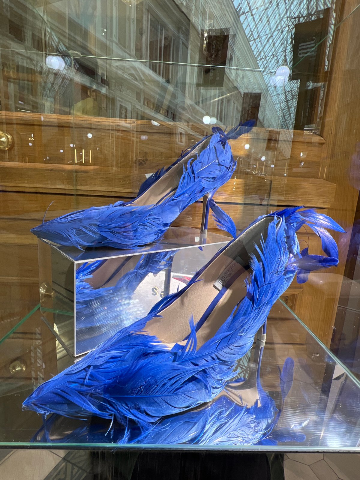 Blue feathered ballet flats displayed in glass case, Saint Petersburg