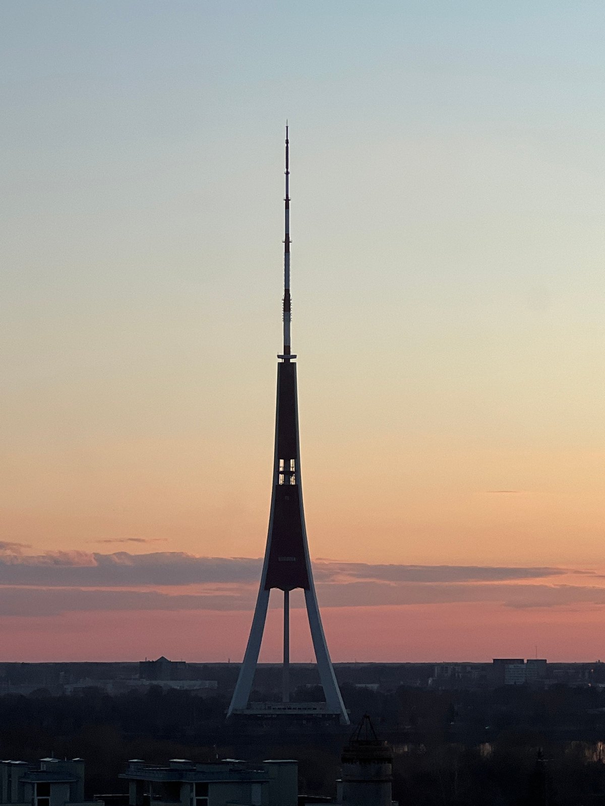 Sunset views captured over Riga skyline featuring TV tower