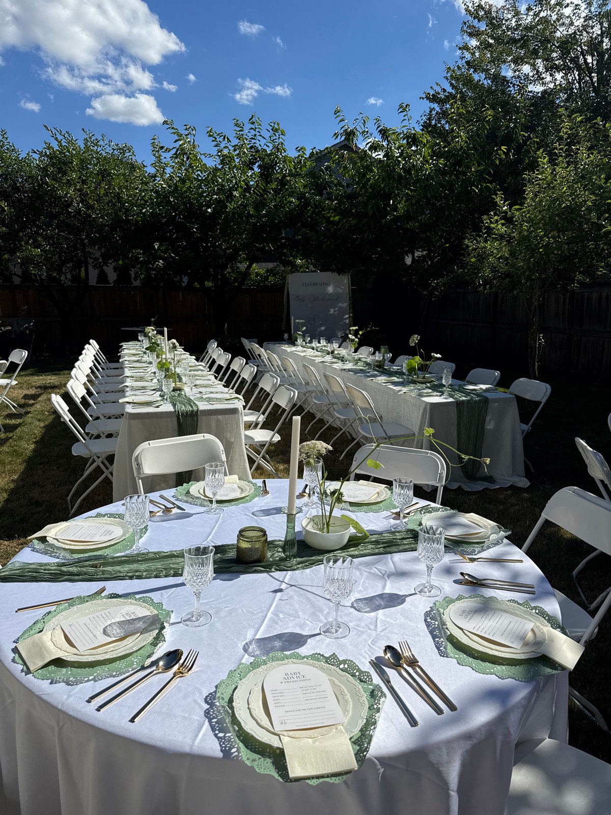 Backyard table set for outdoor dining, cherry tree in bloom