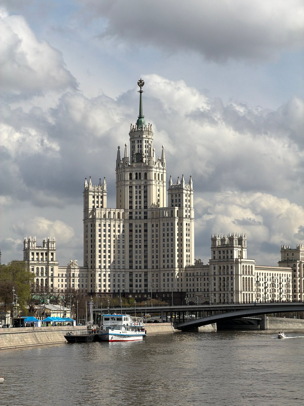 Moscow riverfront scene with Stalinist skyscraper documented by witness