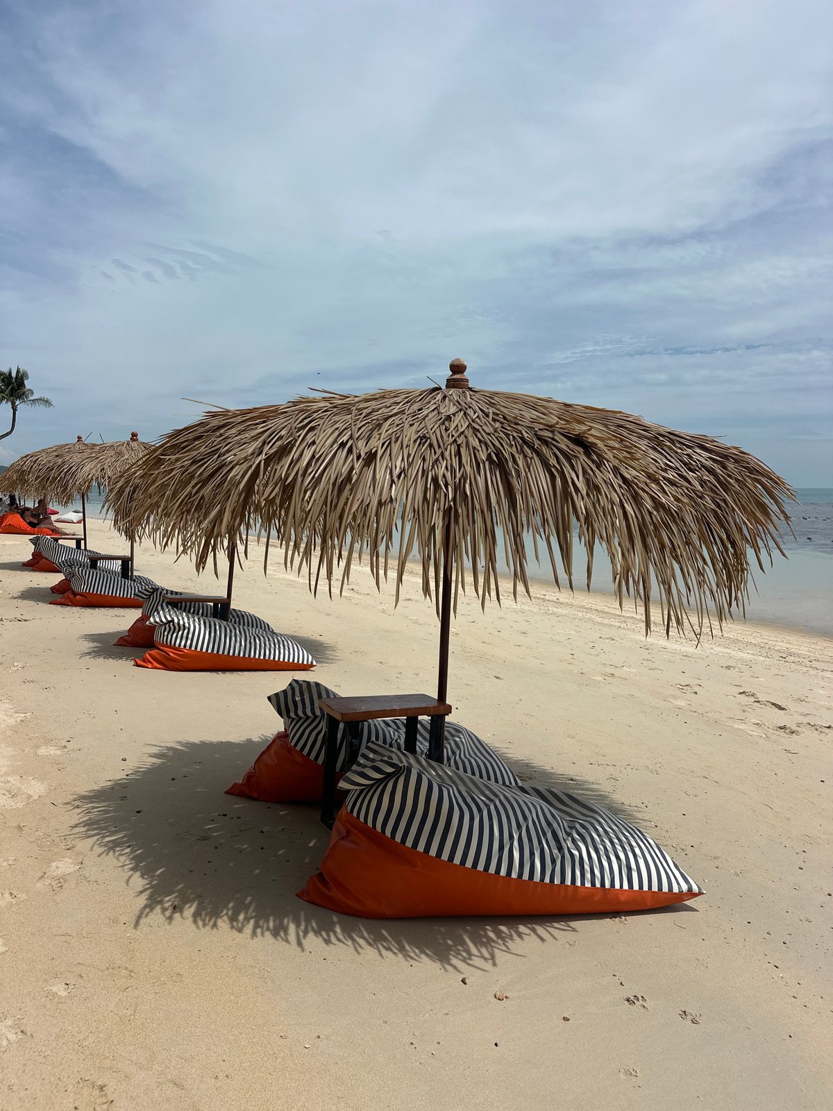 Koh Samui beach setup: palms, thatched umbrellas, and beanbag chairs