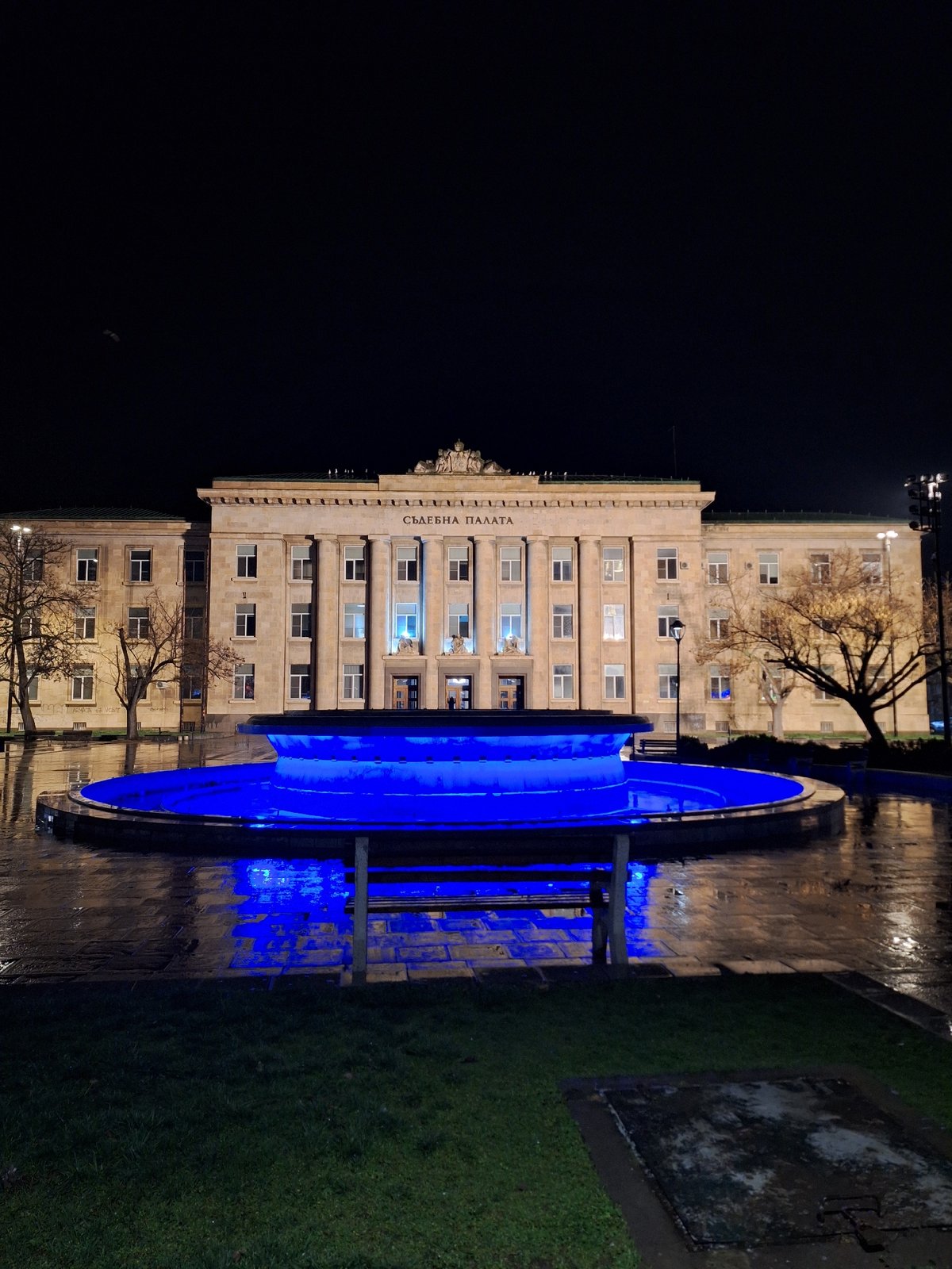 Nighttime photography captures illuminated civic landmarks in Ruse, Bulgaria
