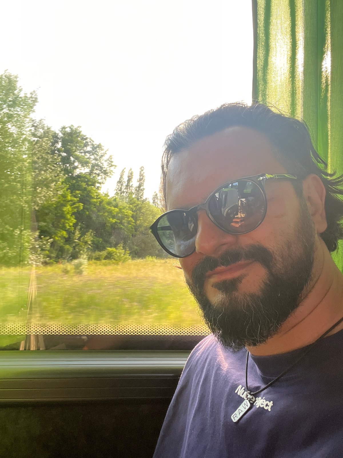 In-car selfie with green blur through the window, Antwerp