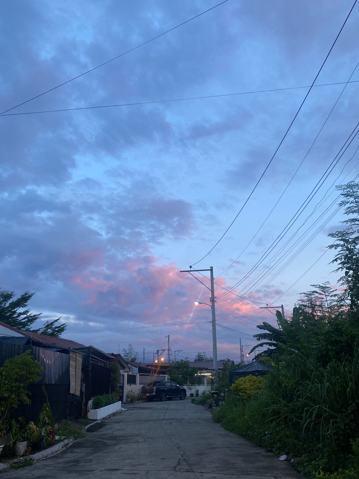 Davao City neighborhood at dusk, power lines and fading sky
