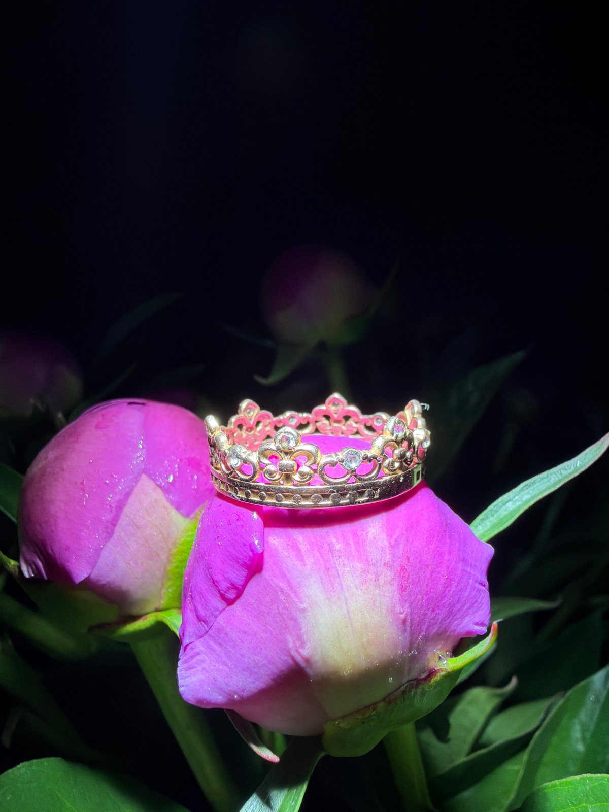 Gold rings and crowns arranged on peony flower buds