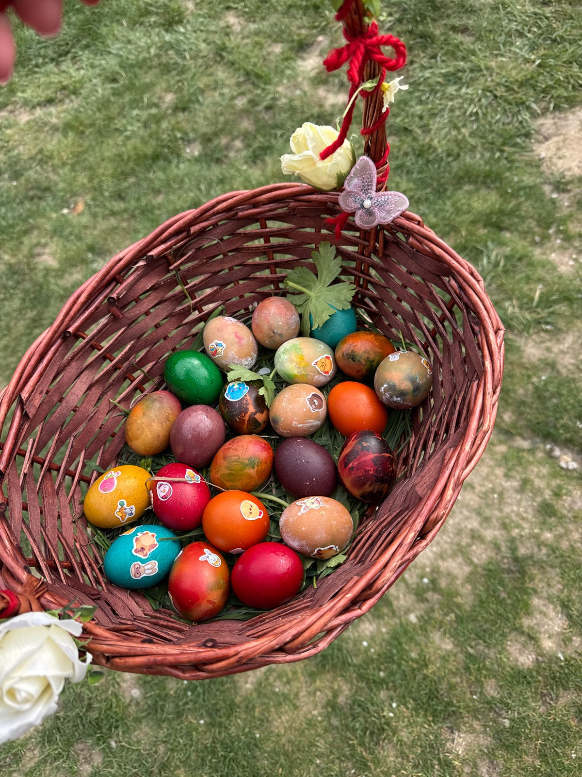 Easter basket with decorated eggs displayed in Sofia