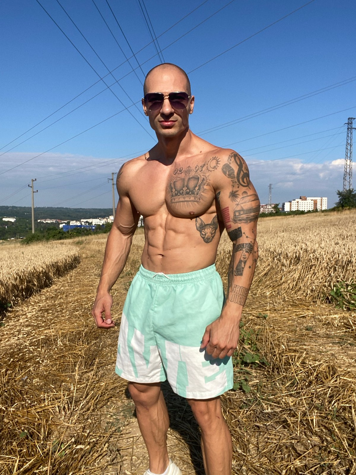 Tattooed figure poses in a dry wheat field near Pleven