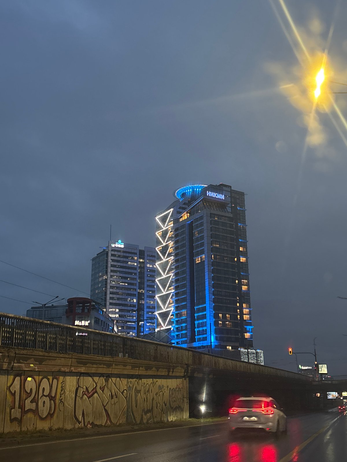 Sofia hotel illuminated with blue decorative lights at night