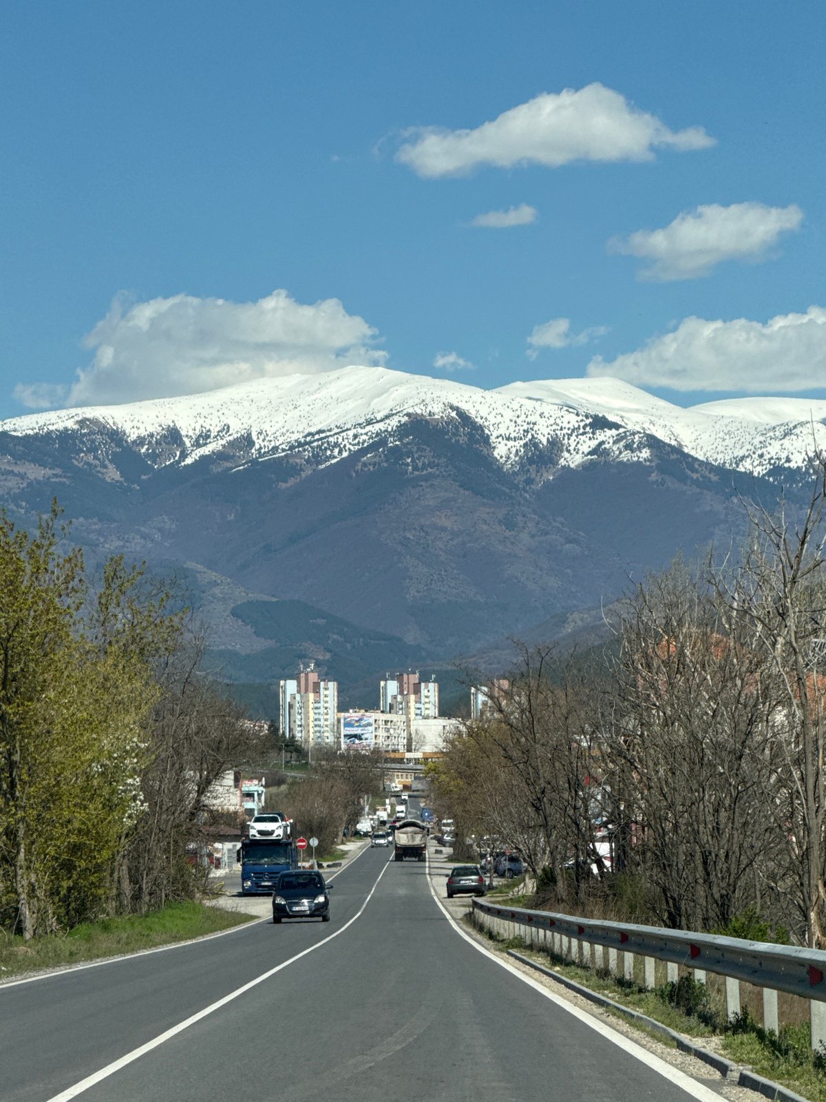Snow-capped Rila Mountains viewed from Blagoevgrad road