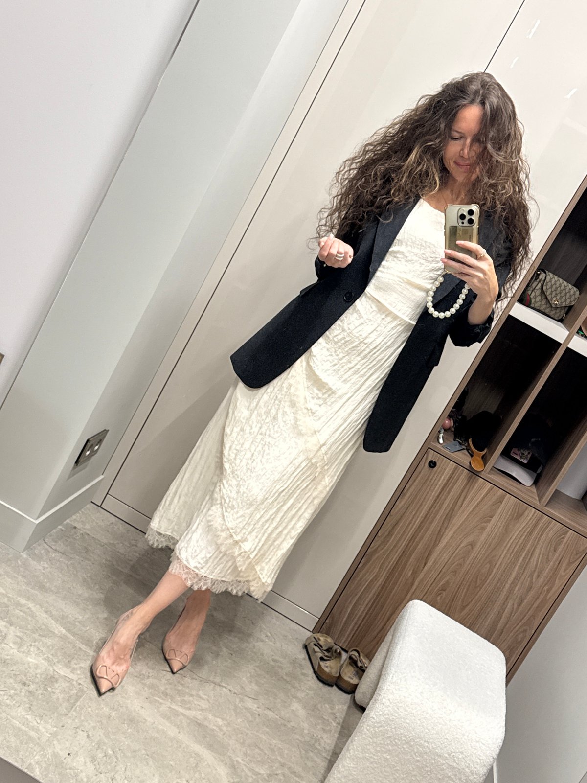 Mirror selfie in a Khimki dressing room, cream lace midi dress