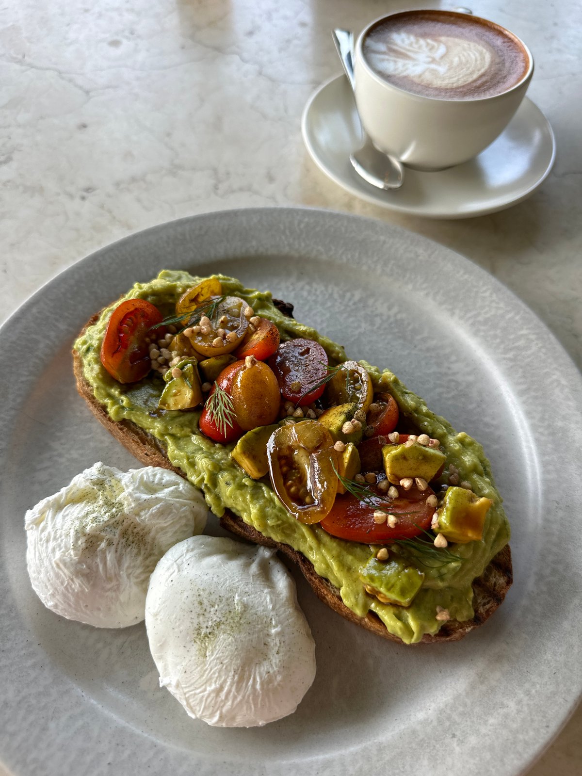 Breakfast documentation: avocado toast with poached eggs and latte
