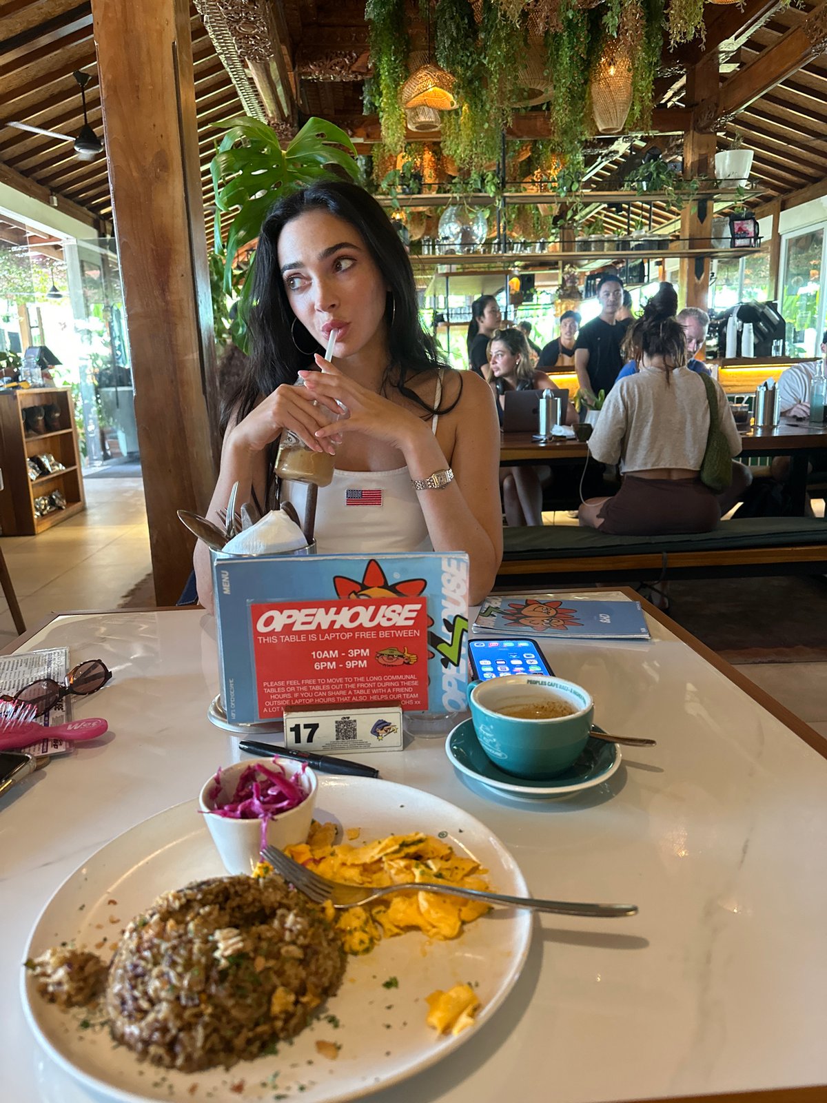 Coffee and a rice-based brunch at a casual café table