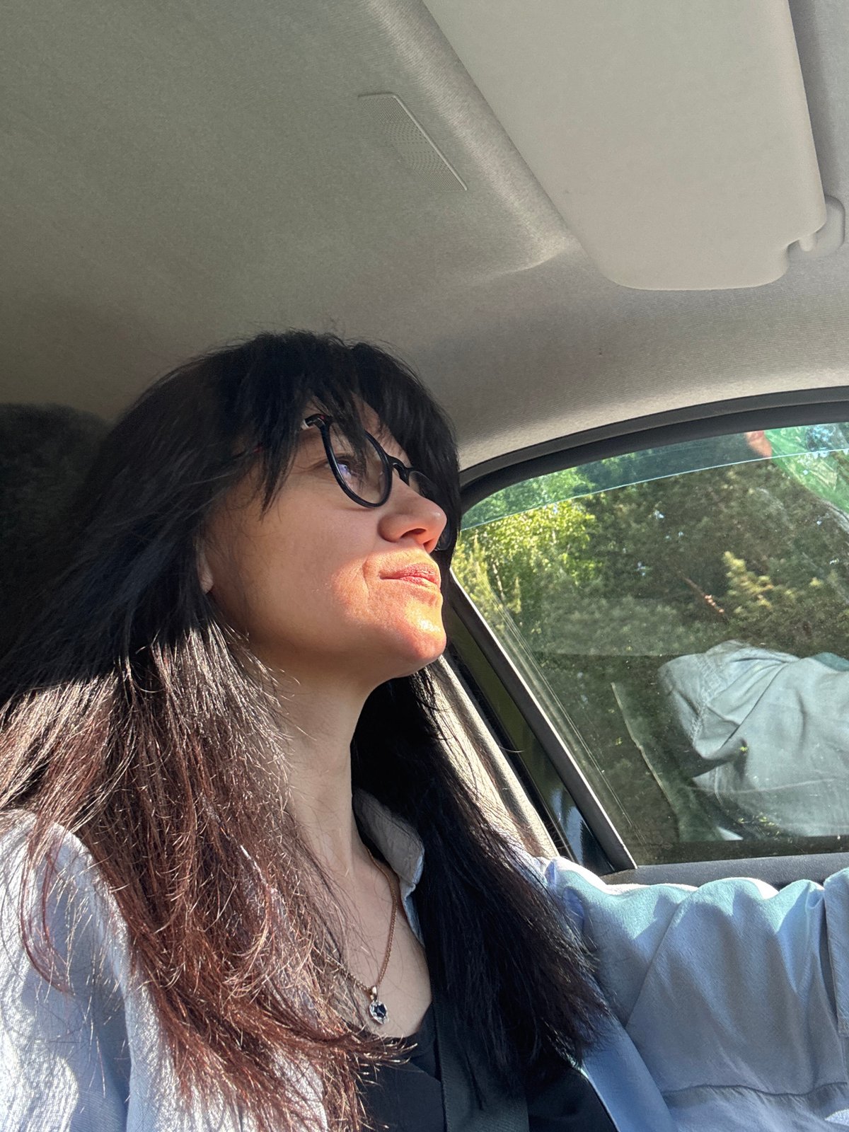 Person rests in vehicle on tree-lined road in Chaikovsky