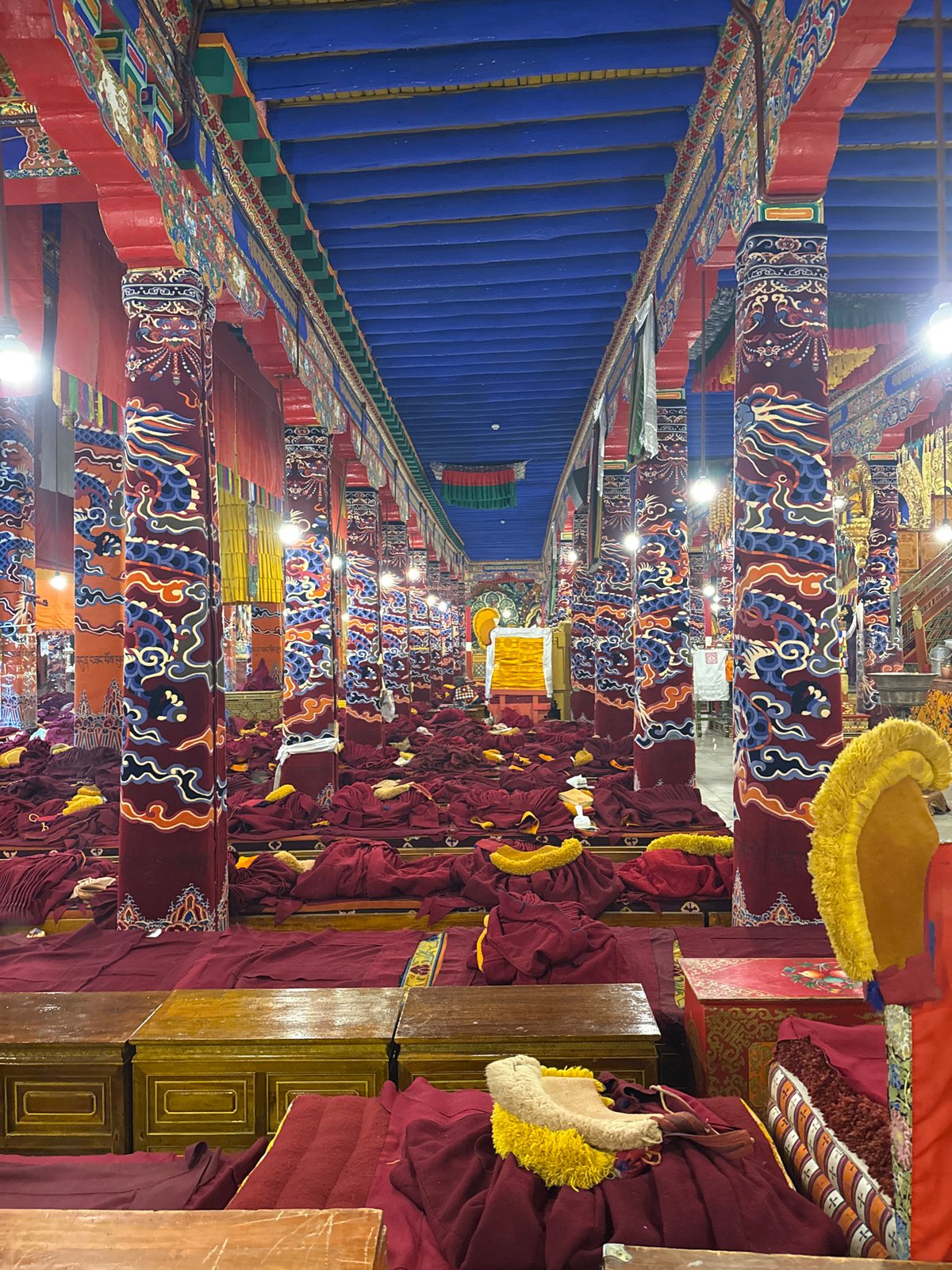 Monks gather for ceremony in Lhasa monastery hall