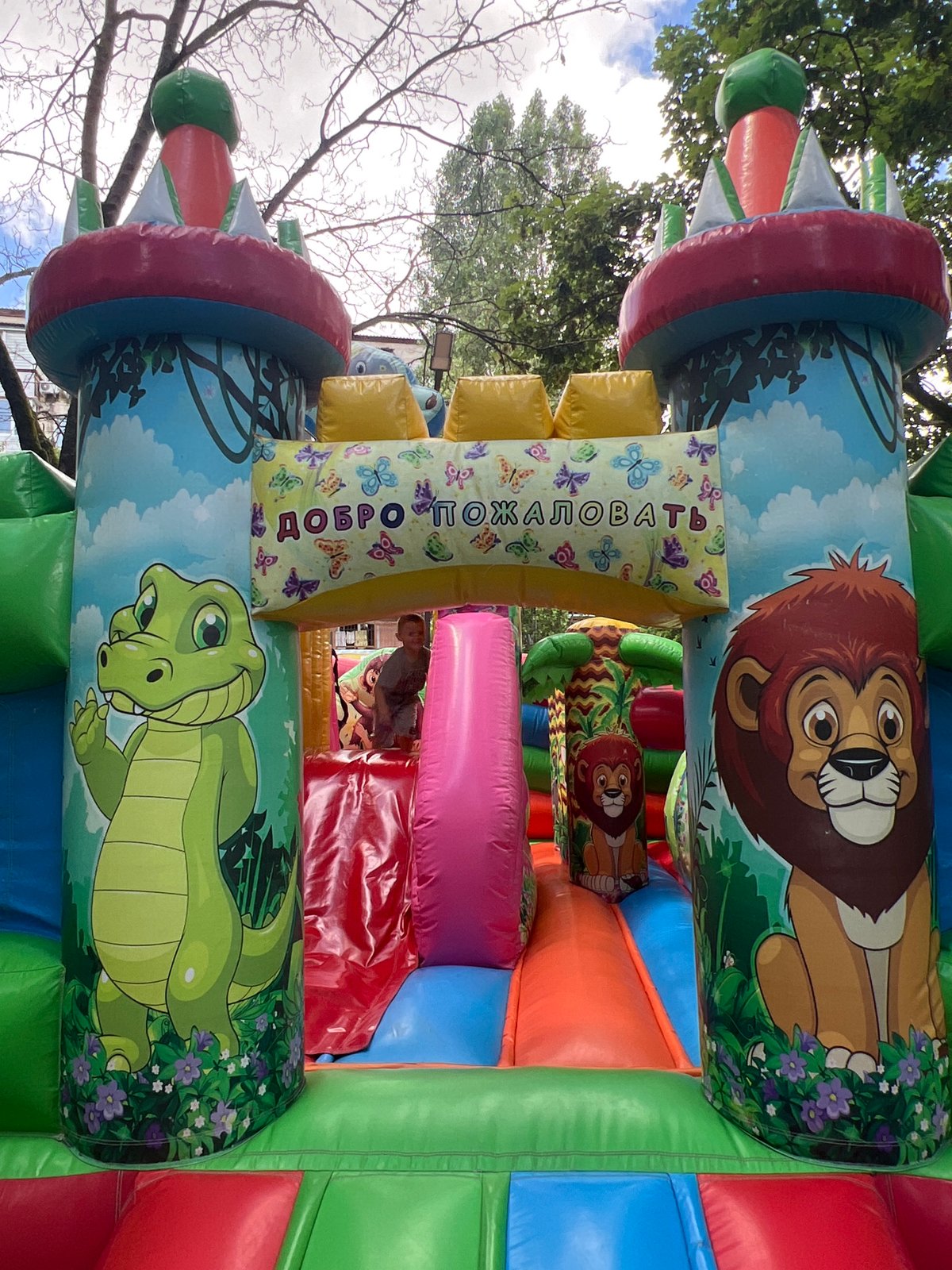 Bounce castles, a church under construction, and garden close-ups