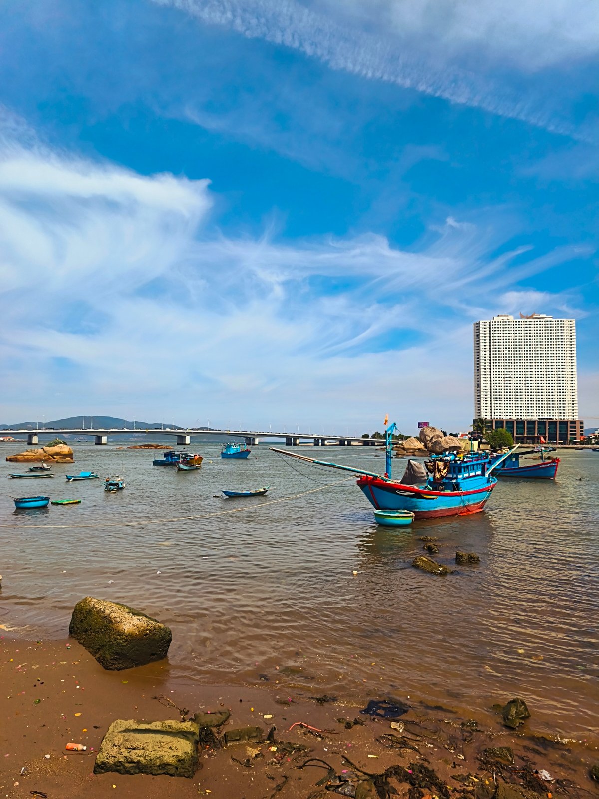 Nha Trang harbor and bay, fishing boats and coastline