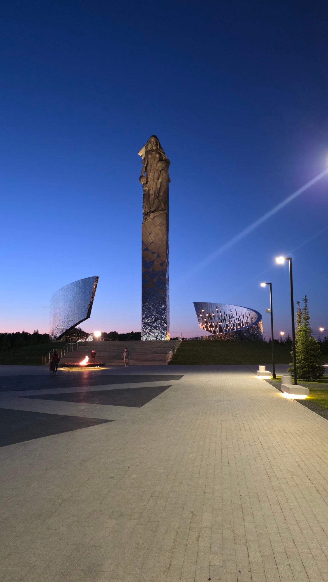 Evening documentation of Rzhev Memorial complex with eternal flame
