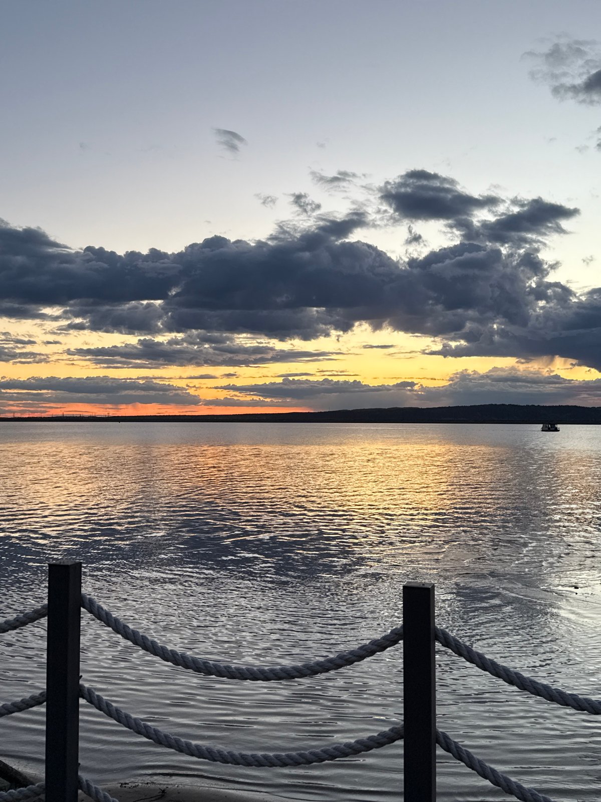 Sunset observed along Kama River waterfront in Chaikovsky, Russia
