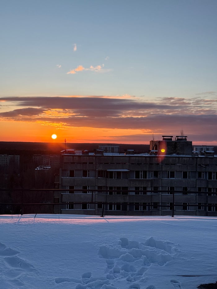 Winter views of abandoned Pripyat documented from elevated positions